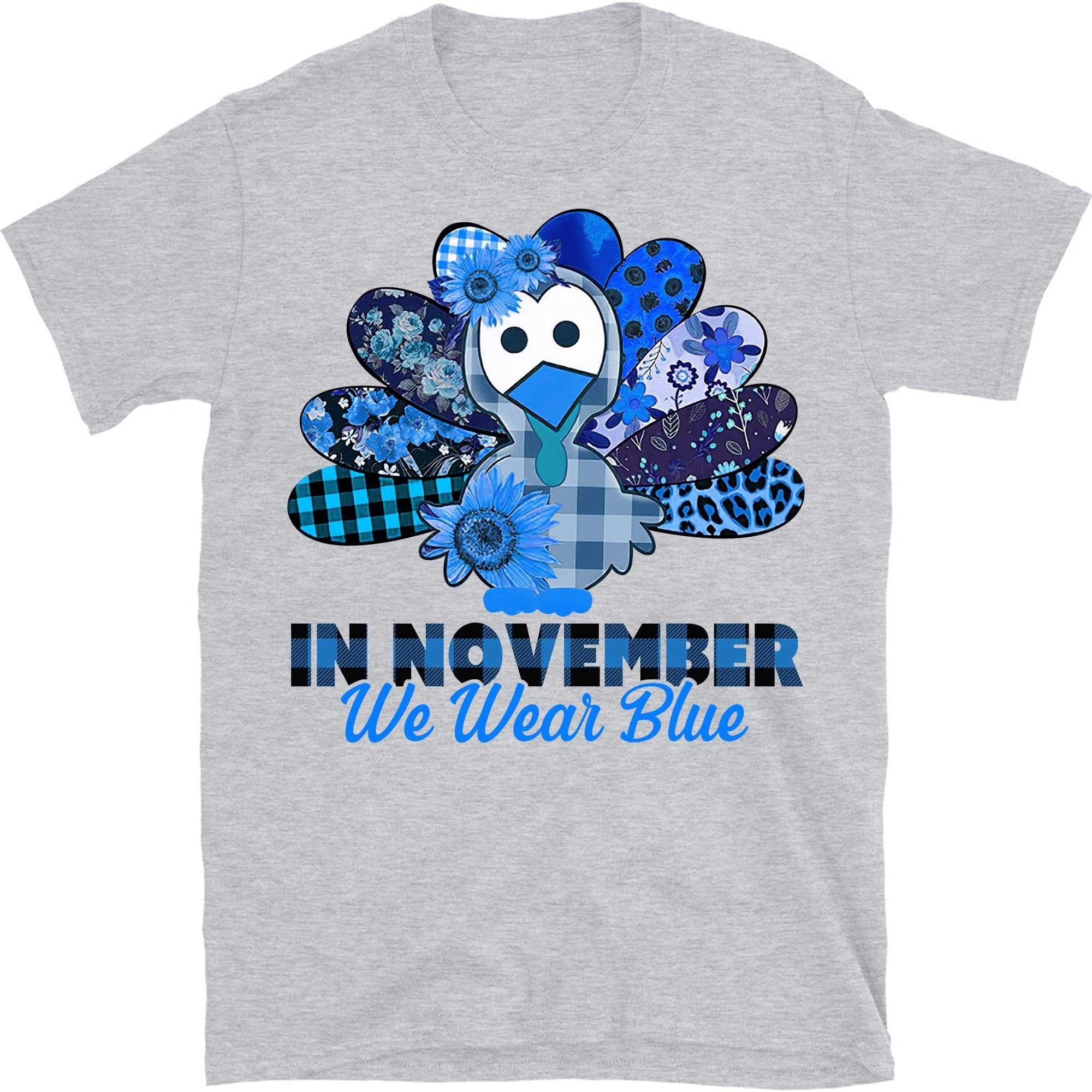 TEEDIYin November We Wear Blue Diabetes Awareness T-Shirt, Diabetes Support T-Shirt, Thanksgiving Turkey Shirt - Sport Grey Large