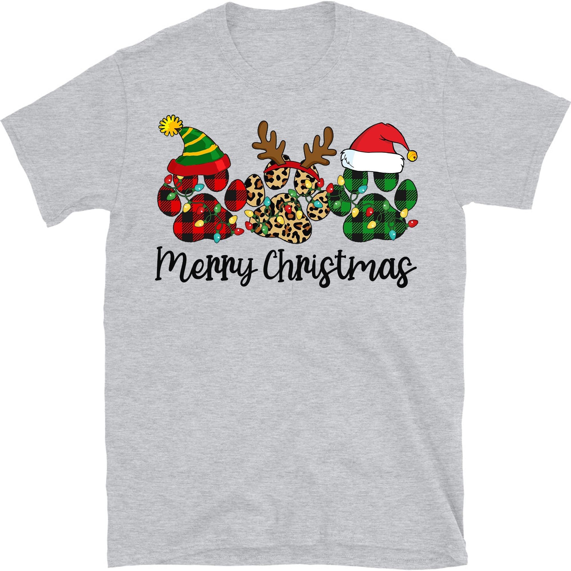 TEEDIYMerry Christmas Dog Paws Lights Buffalo Red White Green Plaid Leopard Xmas T-Shirt - Sport Grey Large