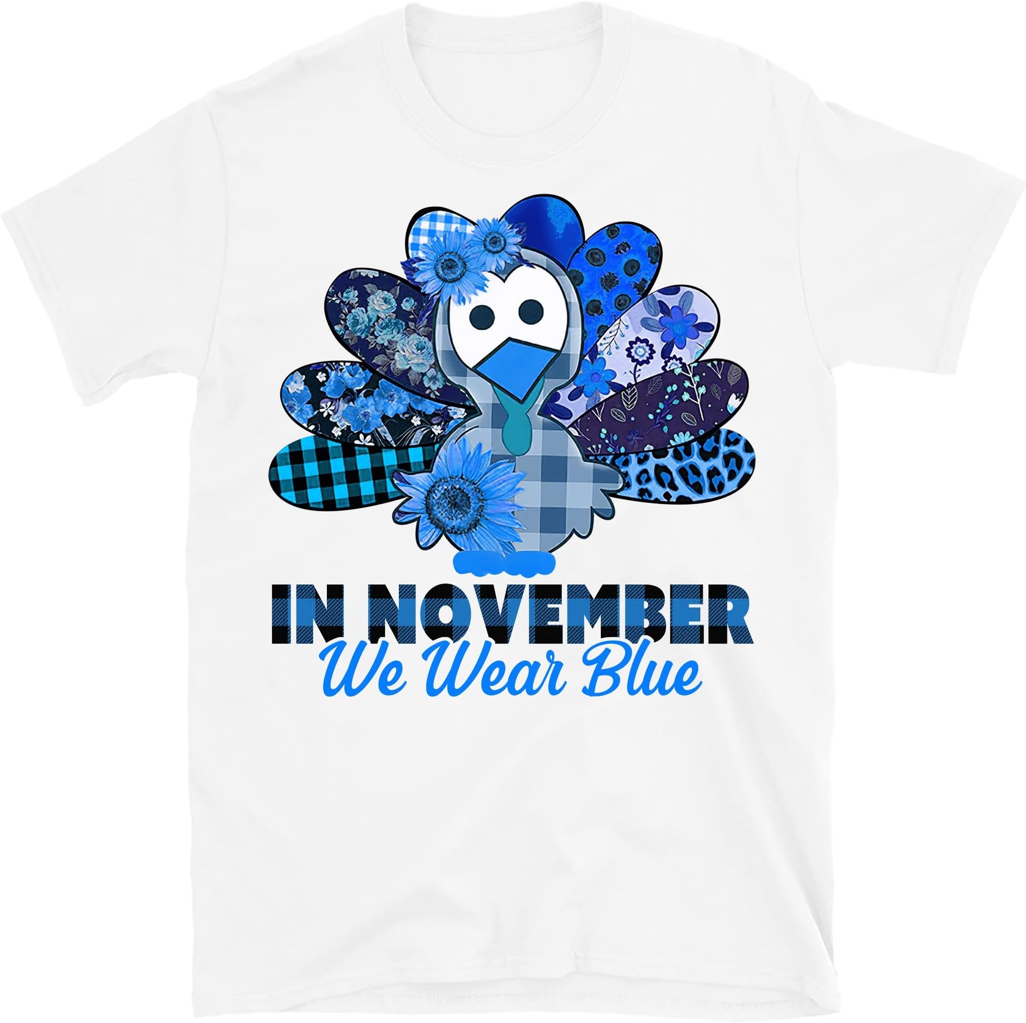 TEEDIYin November We Wear Blue Diabetes Awareness T-Shirt, Diabetes Support T-Shirt, Thanksgiving Turkey Shirt - White XX-Large
