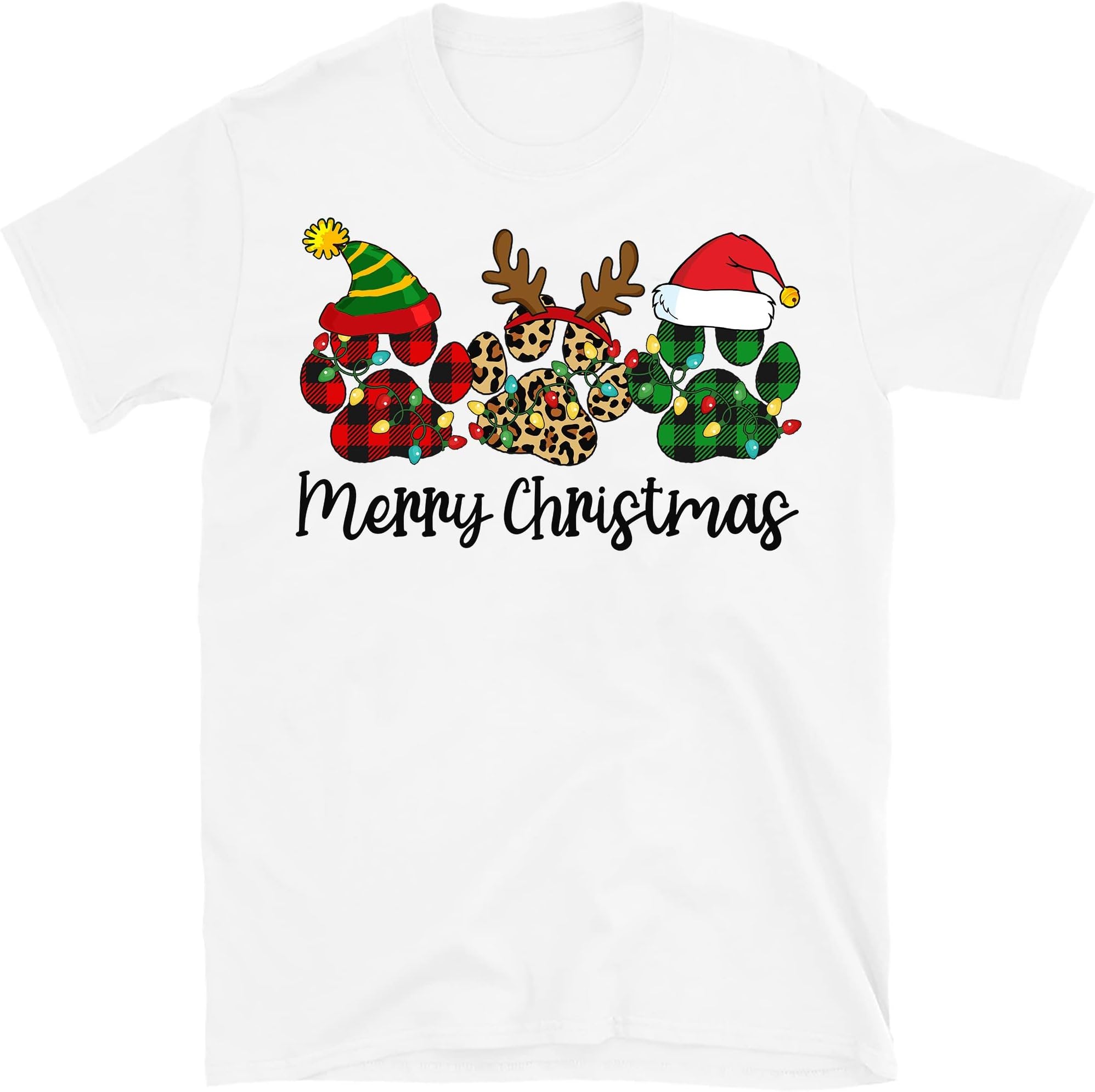 TEEDIYMerry Christmas Dog Paws Lights Buffalo Red White Green Plaid Leopard Xmas T-Shirt - White Large