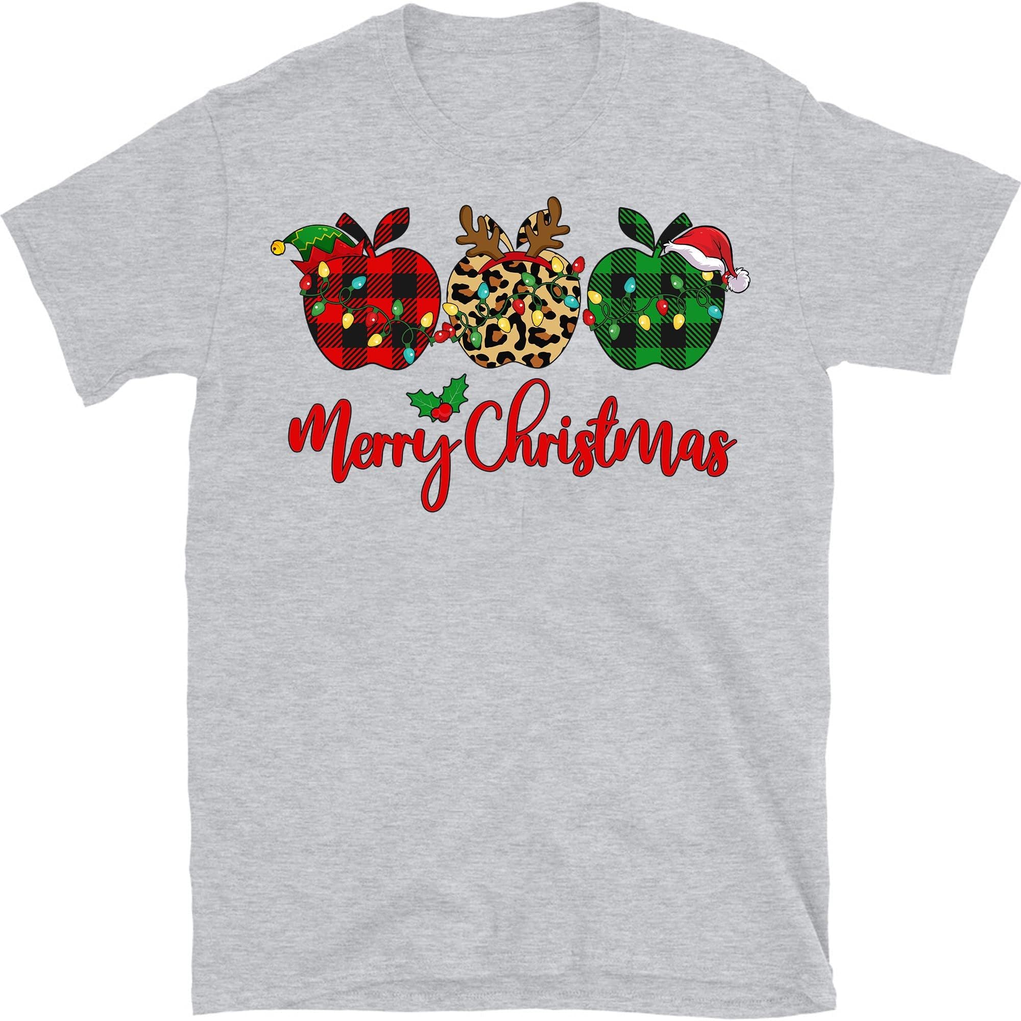 TEEDIYMerry Christmas Teacher Plaid Leopard Apples T-Shirt Funny Costume 2021 for Teachers T-Shirt - Sport Grey XX-Large