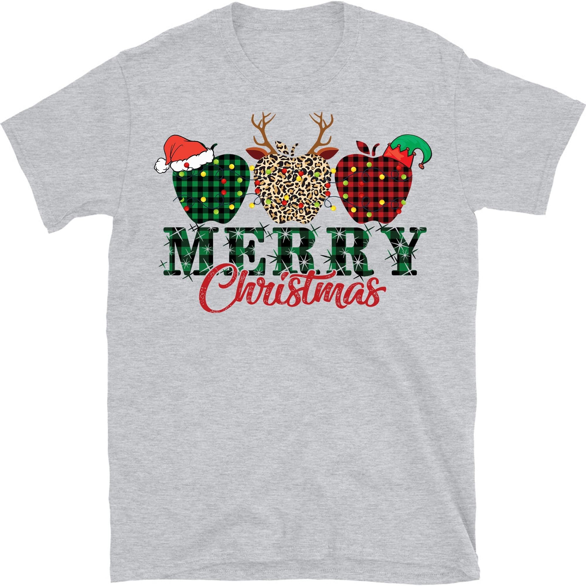 TEEDIYMerry Christmas Teacher Plaid Leopard Apples T-Shirt Funny 2021 for Teachers T-Shirt - Sport Grey Large