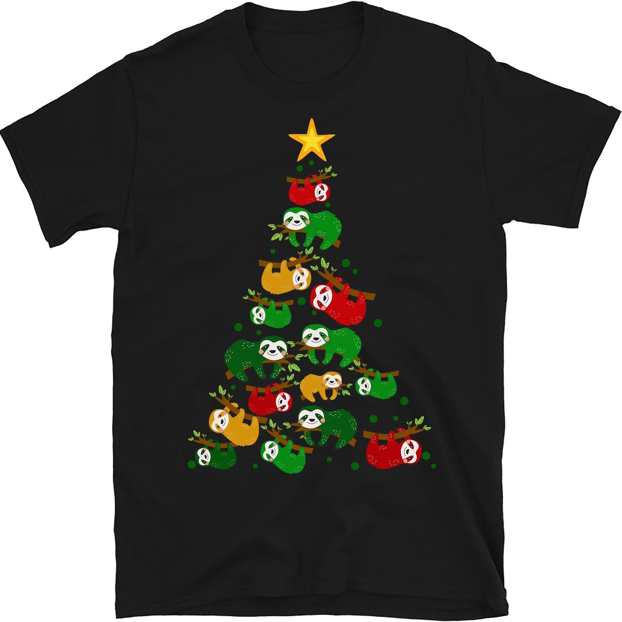 TEEDIYMerry Slothmas T Shirt Christmas Pajama for Sloth Lovers, Sloths Christmas Tree Lights Funny Sloths Xmas Gift T-Shirt - Black 4X-Large