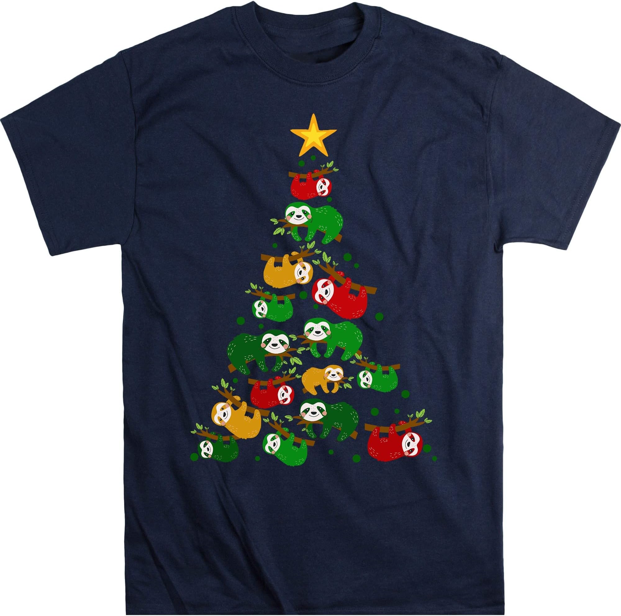 TEEDIYMerry Slothmas T Shirt Christmas Pajama for Sloth Lovers, Sloths Christmas Tree Lights Funny Sloths Xmas Gift T-Shirt - Navy Small