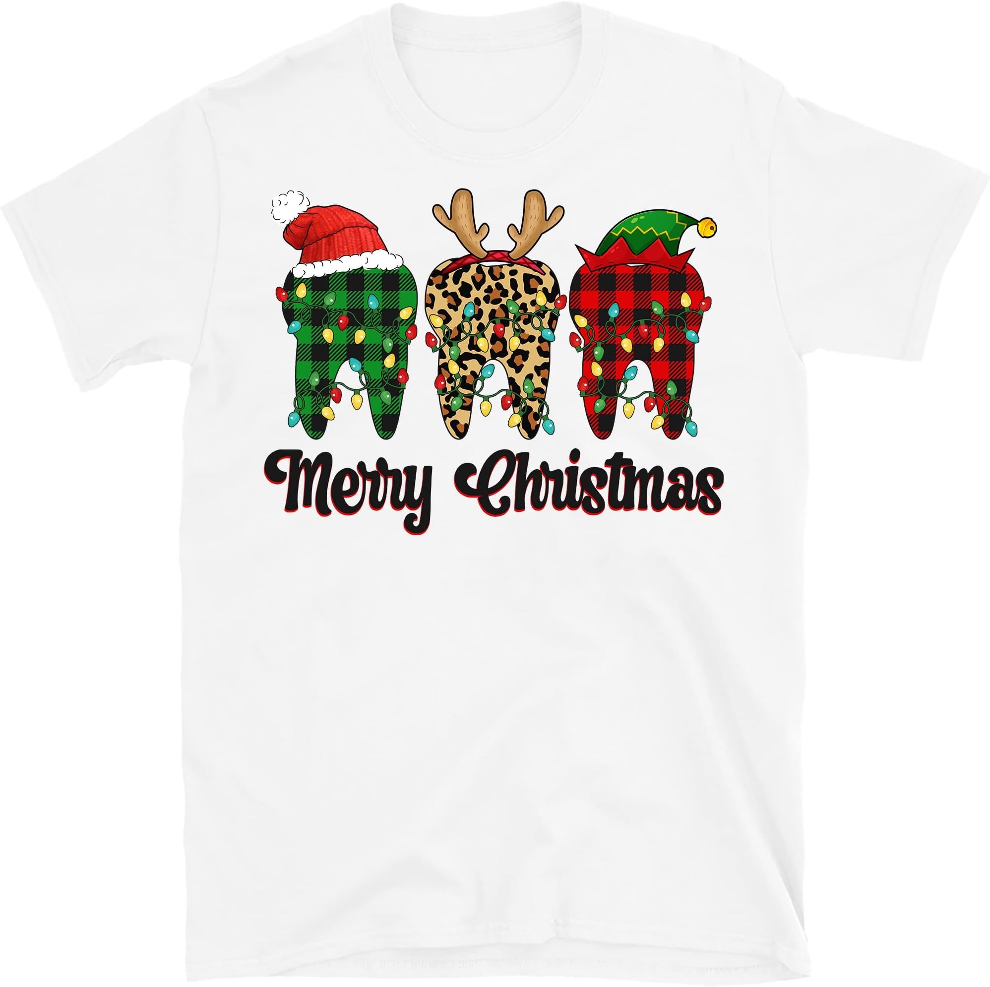 TEEDIYMerry Christmas Dentist Teeth Santa Hat Xmas Leopard Plaid T-Shirt, Funny Tooth Dental Costume T-Shirt - White Small