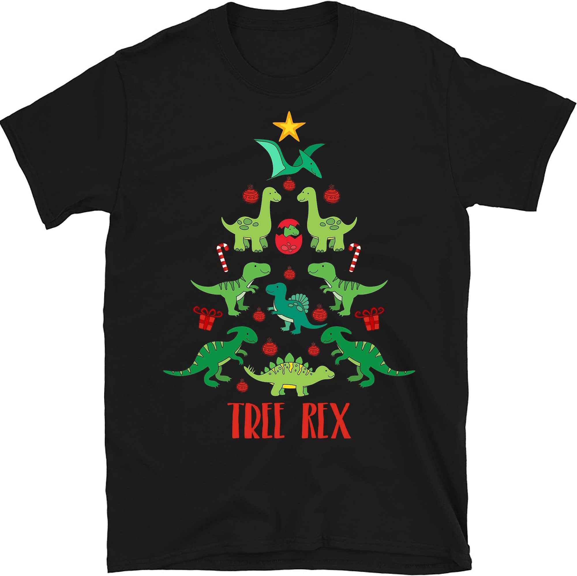 TEEDIYTree Rex Christmas Tee, Christmas Tree Shirt, Christmas Shirt Adults, Dinosaur Christmas Shirt - Black Large