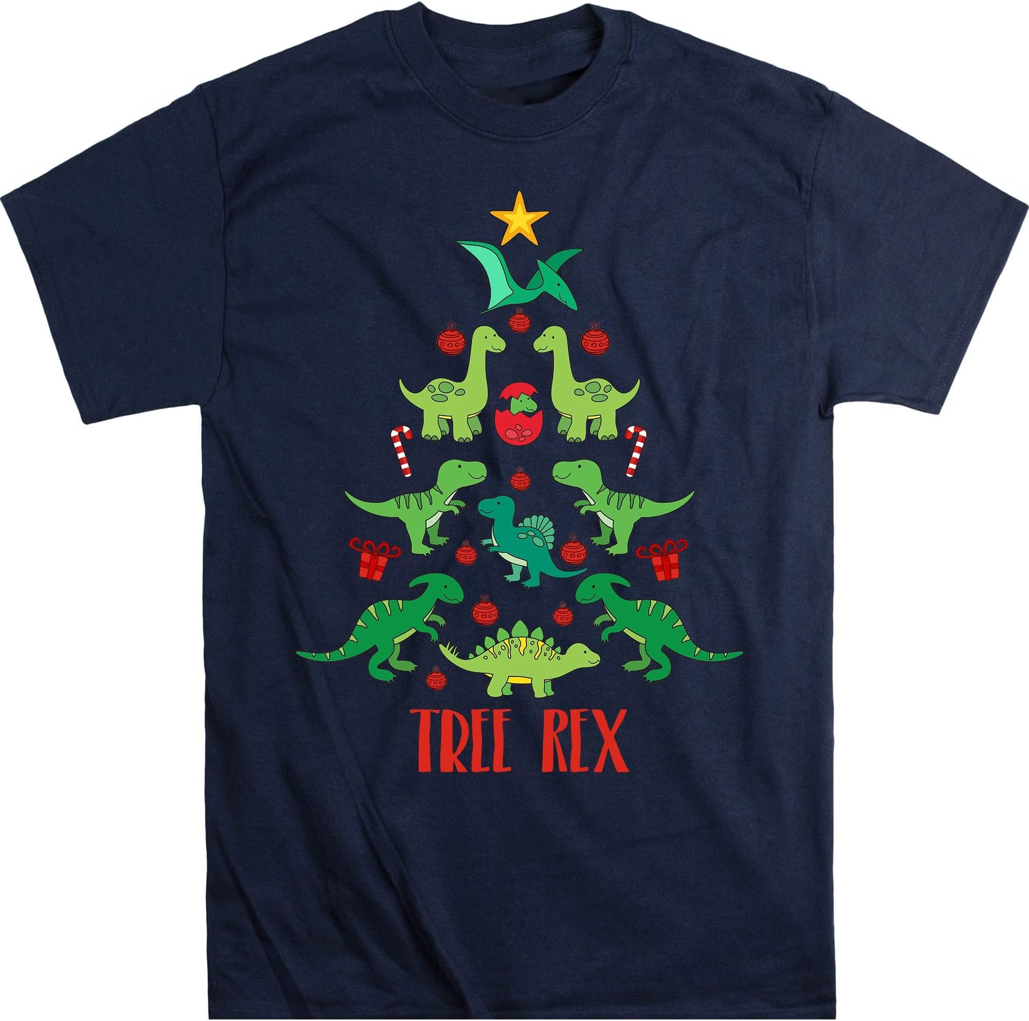 TEEDIYTree Rex Christmas Tee, Christmas Tree Shirt, Christmas Shirt Adults, Dinosaur Christmas Shirt - Navy Large
