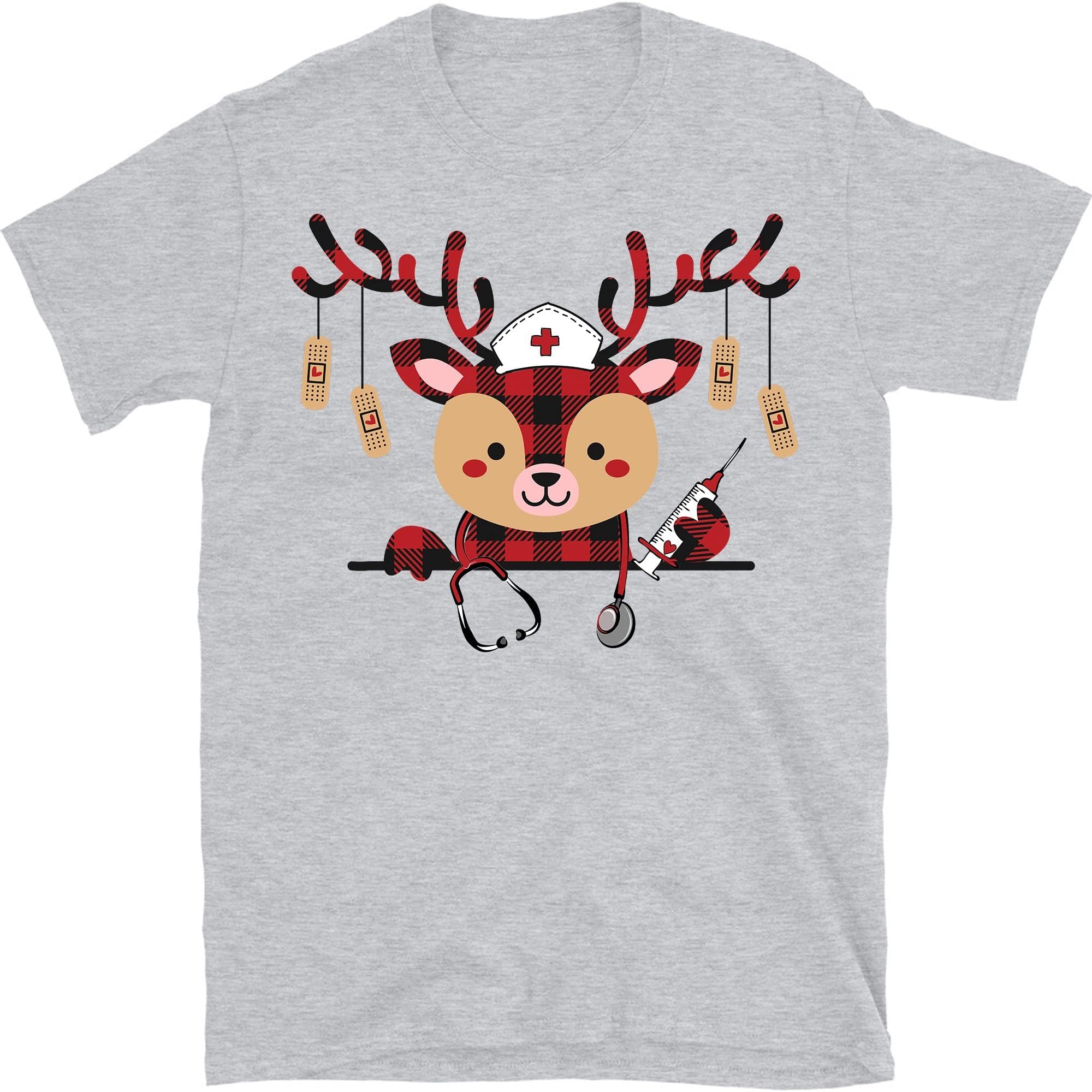 TEEDIYNurse Christmas Shirt, Buffalo Plaid Reindeer, Christmas Lights Band Aid Nurse Crew Shirt - Sport Grey XX-Large