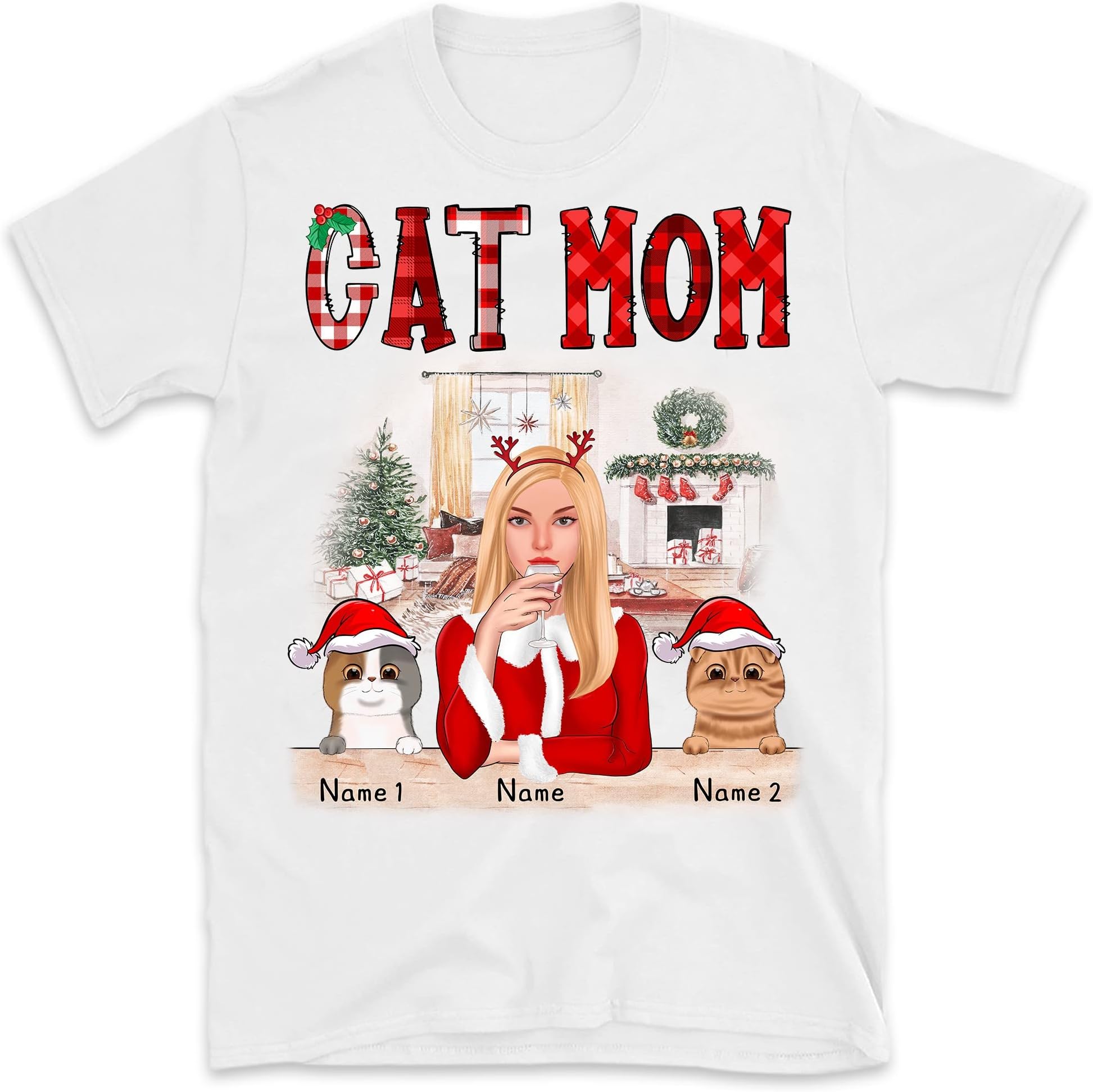 TEEDIYPersonalized Christmas Cat Mom Shirt, Cat Lovers Shirt, Custom Cat Christmas Shirt, Just a Girl Who Loves Cats Shirt, Gift for Cat Girl Multicolored