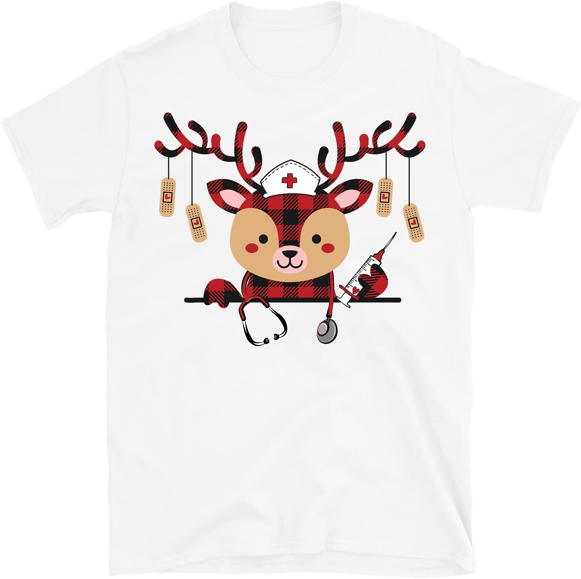 TEEDIYNurse Christmas Shirt, Buffalo Plaid Reindeer, Christmas Lights Band Aid Nurse Crew Shirt - White XX-Large
