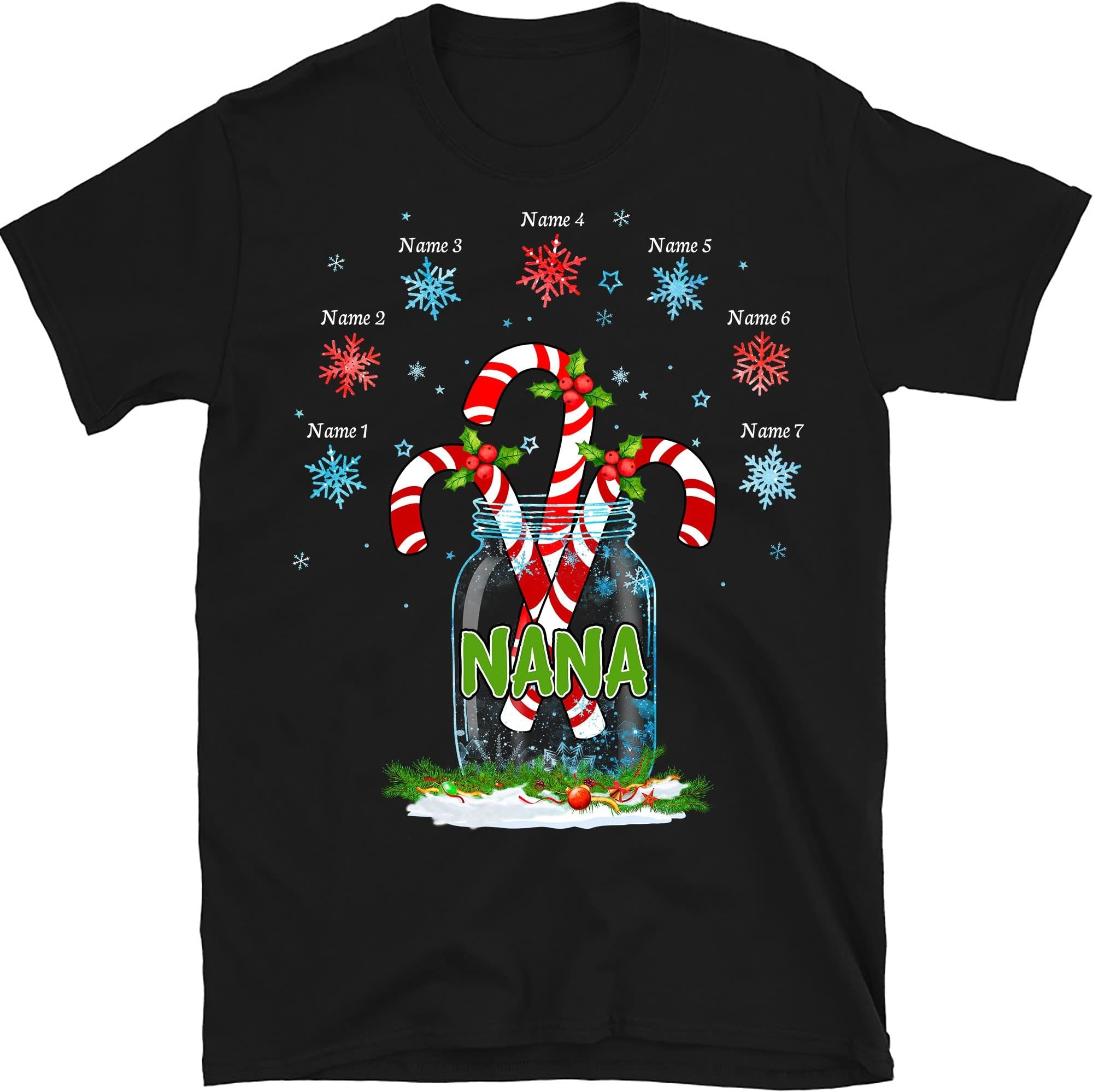 TEEDIYPersonalized Nana Snowflakes Shirt, Custom Grandkids Names Grandma T Shirt, Christmas Candy Cane, for Grandpa, Mom, Dad Multicolored