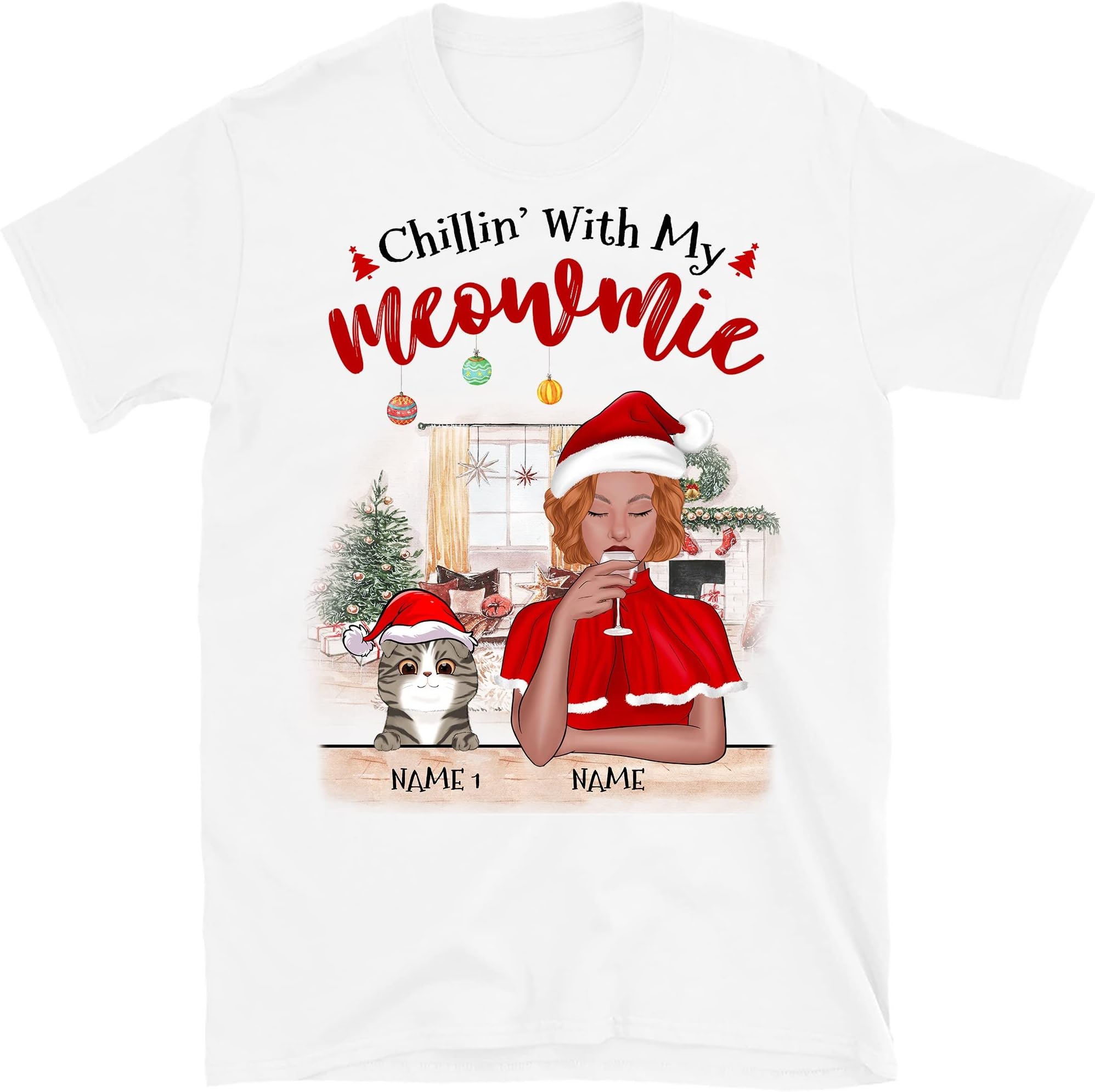 TEEDIYPersonalized Christmas Cat Mom T-Shirt, Cat Lovers Shirt, Merry Christmas Cat Mom, Just a Girl Who Loves Cats Shirt, Chillin with My Meowmie Multicolored