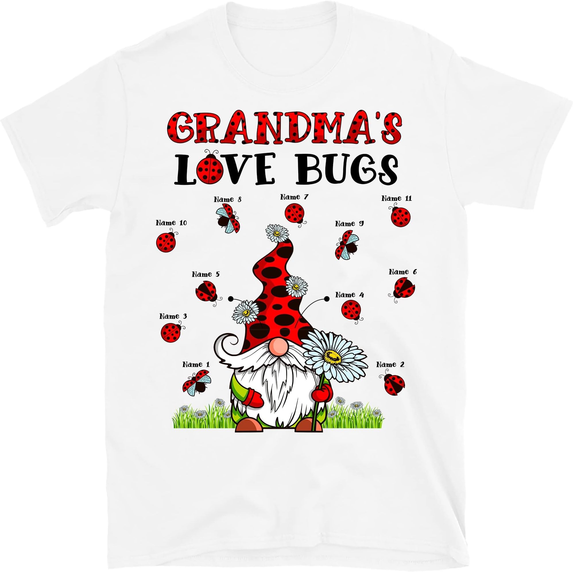 TEEDIYCustom Name Grandmas Love Bugs Personalized T-Shirt for Grandma Customize with Grandkids Name Tee T-Shirt Multicolored