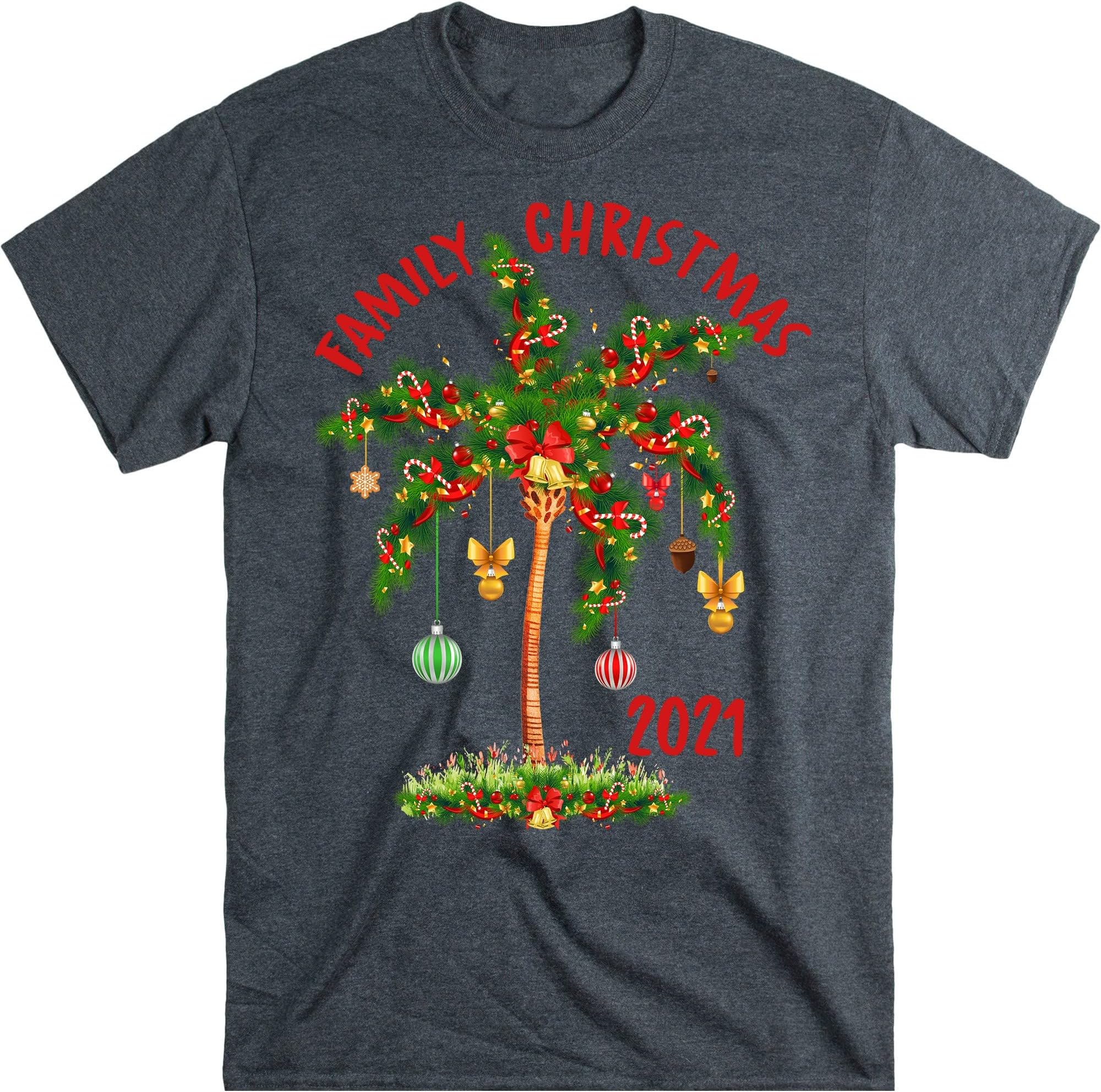 TEEDIYMerry Christmas 2021, Christmas Tree Shirt, Christmas Palm Tree, Family Christmas Tees, Xmas Matching Shirt - Dark Heather Medium