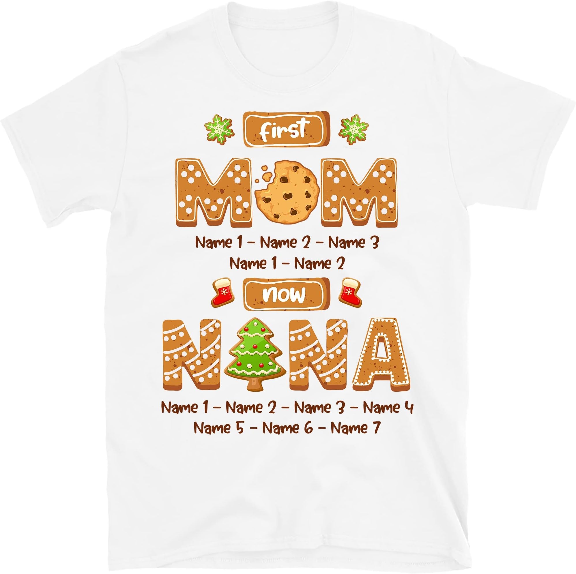 TEEDIYCustom Christmas First Mom Now Grandma Women Shirts, Personalized Nana Gigi Mother Gift, Grandma Shirt with Grandkid Name, Christmas Cookie Shirt Multicolored