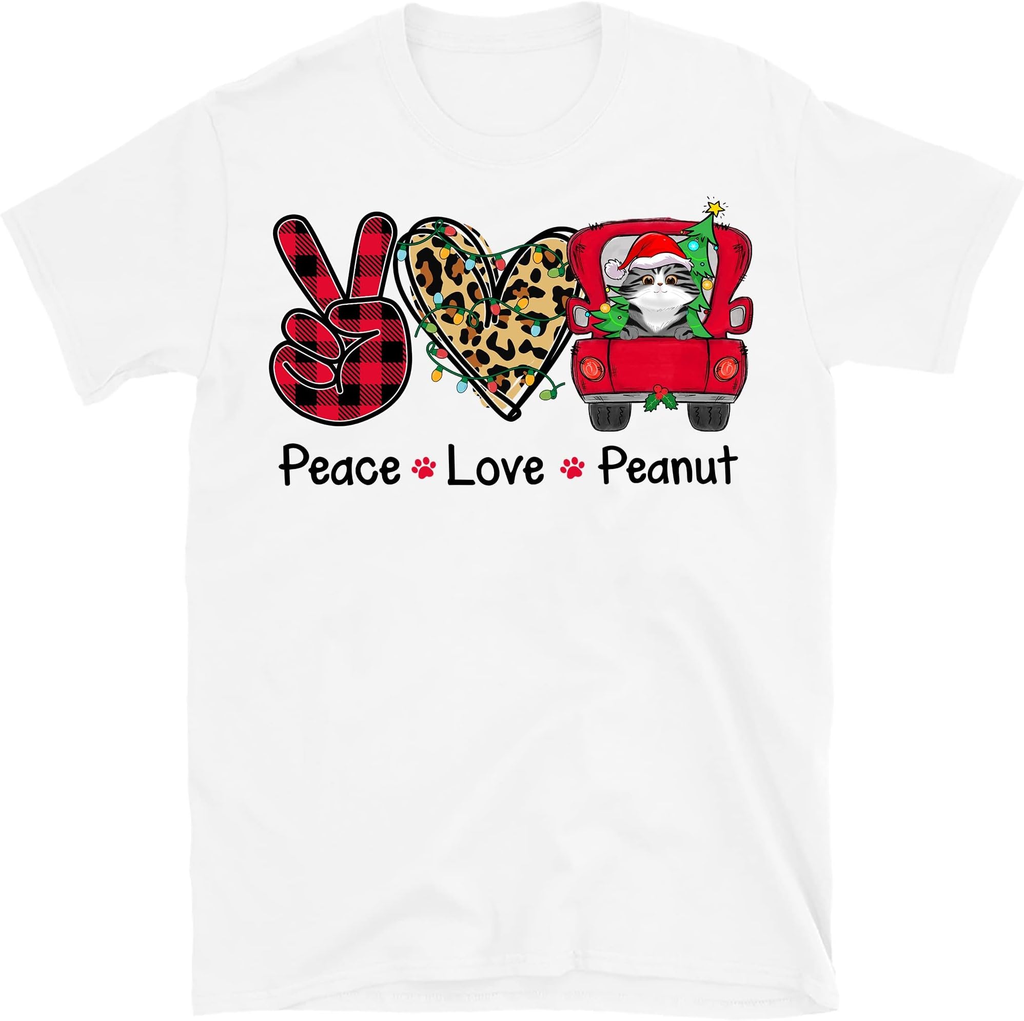 TEEDIYPersonalized Peace Love Cat Shirt, Custom Christmas Cat, Cat Lovers Shirt, Christmas Tree Truck