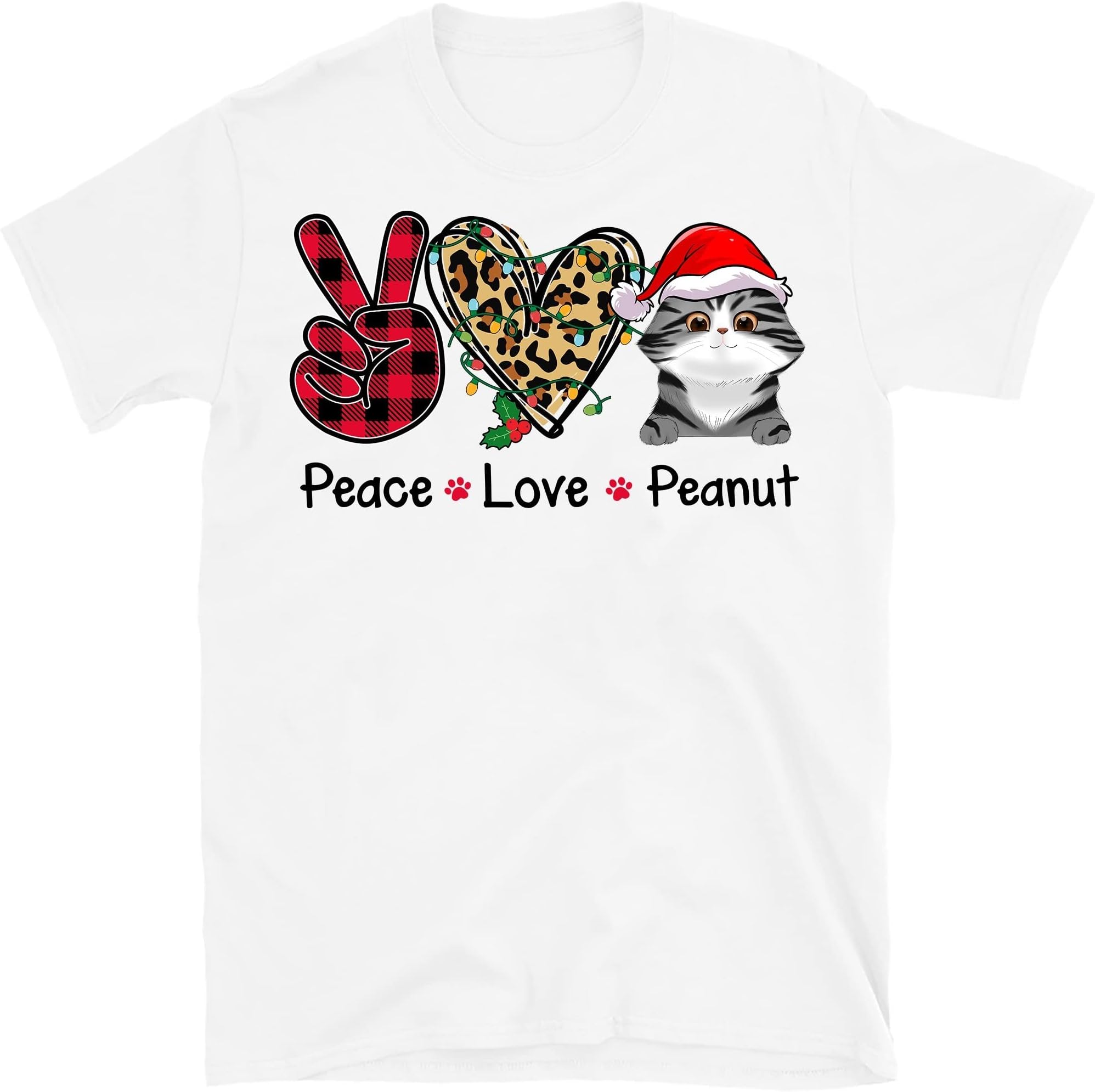 TEEDIYPersonalized Peace Love Cat Shirt, Custom Christmas Cat, Cat Lovers Shirt, for Cat Owner Multicolored