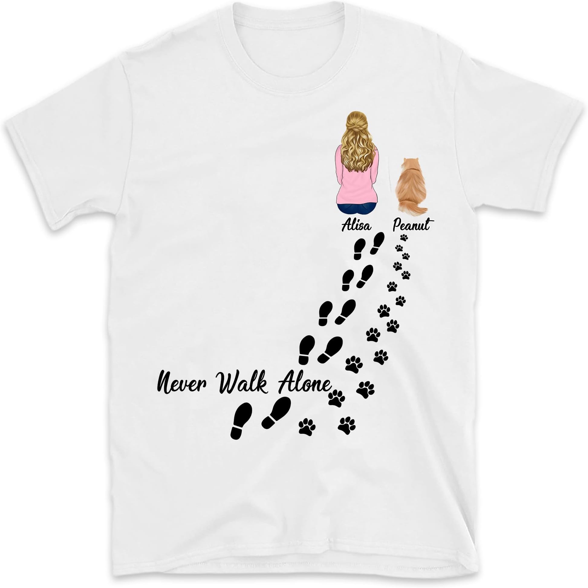TEEDIYPersonalized Cat Shirt for Women, Cat Lovers T-Shirt, Customized Never Walk Alone Girl and Cats T-Shirt, Cat Mom Shirt Multicolored
