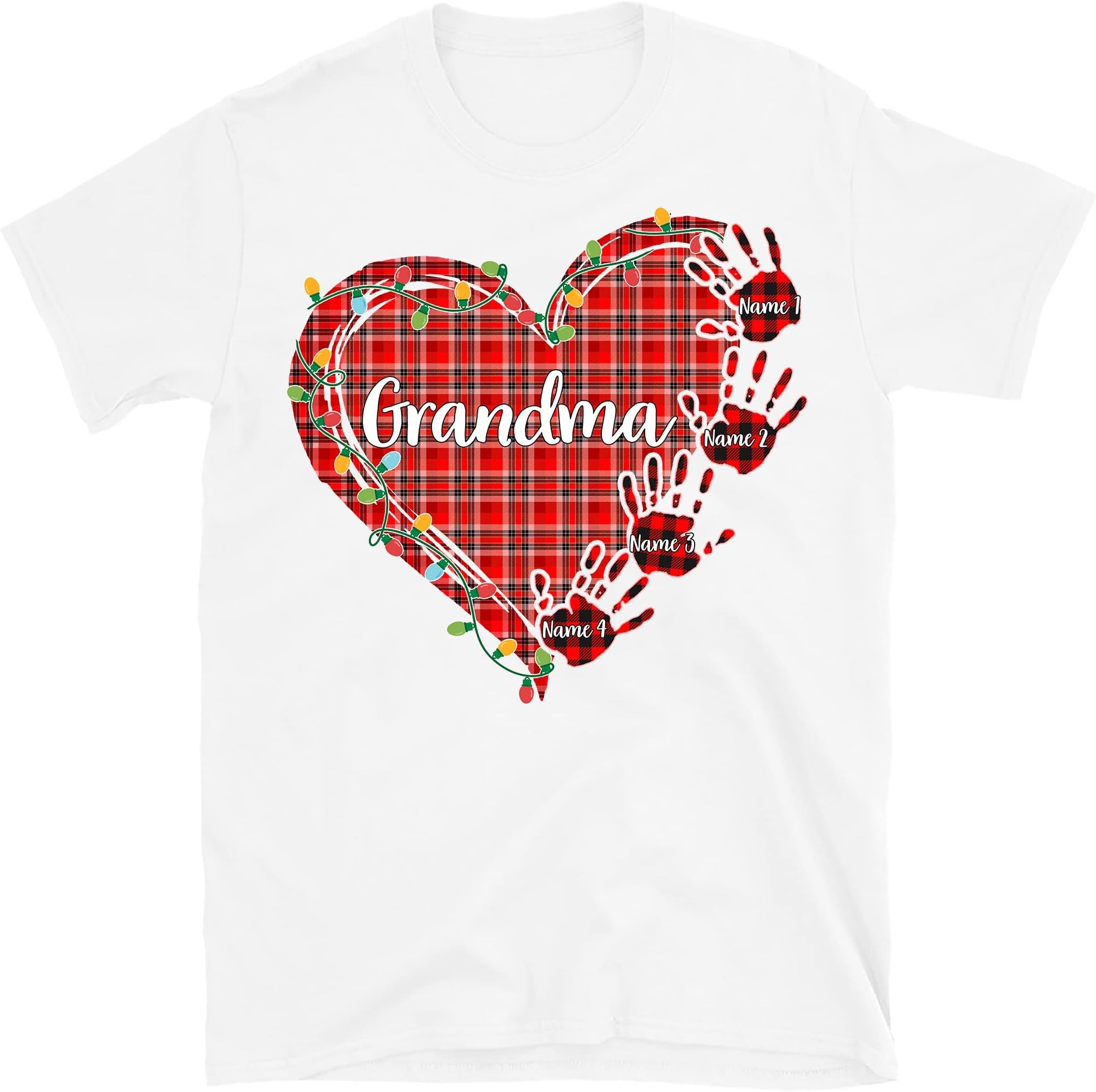 TEEDIYPersonalized Grandma Christmas Shirt, Nanas Christmas Heart Hand Print, Custom Grandkids Grandma T-Shirt Multicolored