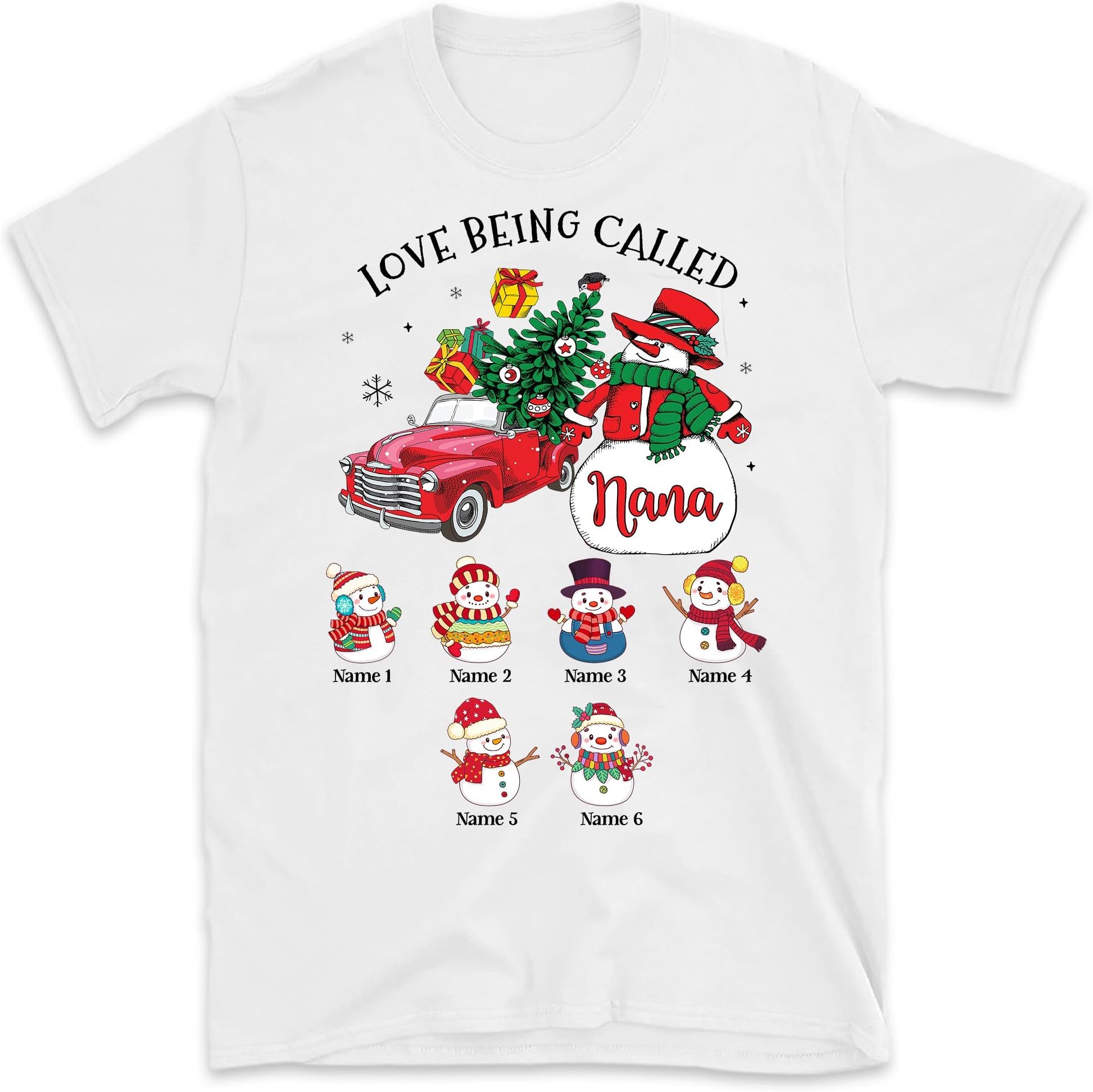 TEEDIYPersonalized Snowman Grandma Christmas T-Shirt, Custom Grandkids Snowflakes Nana Shirt, for Mimi Gigi Grandpa, Mom, Dad, Christmas Truck, Custom Grandkids Names Shirts Multicolored