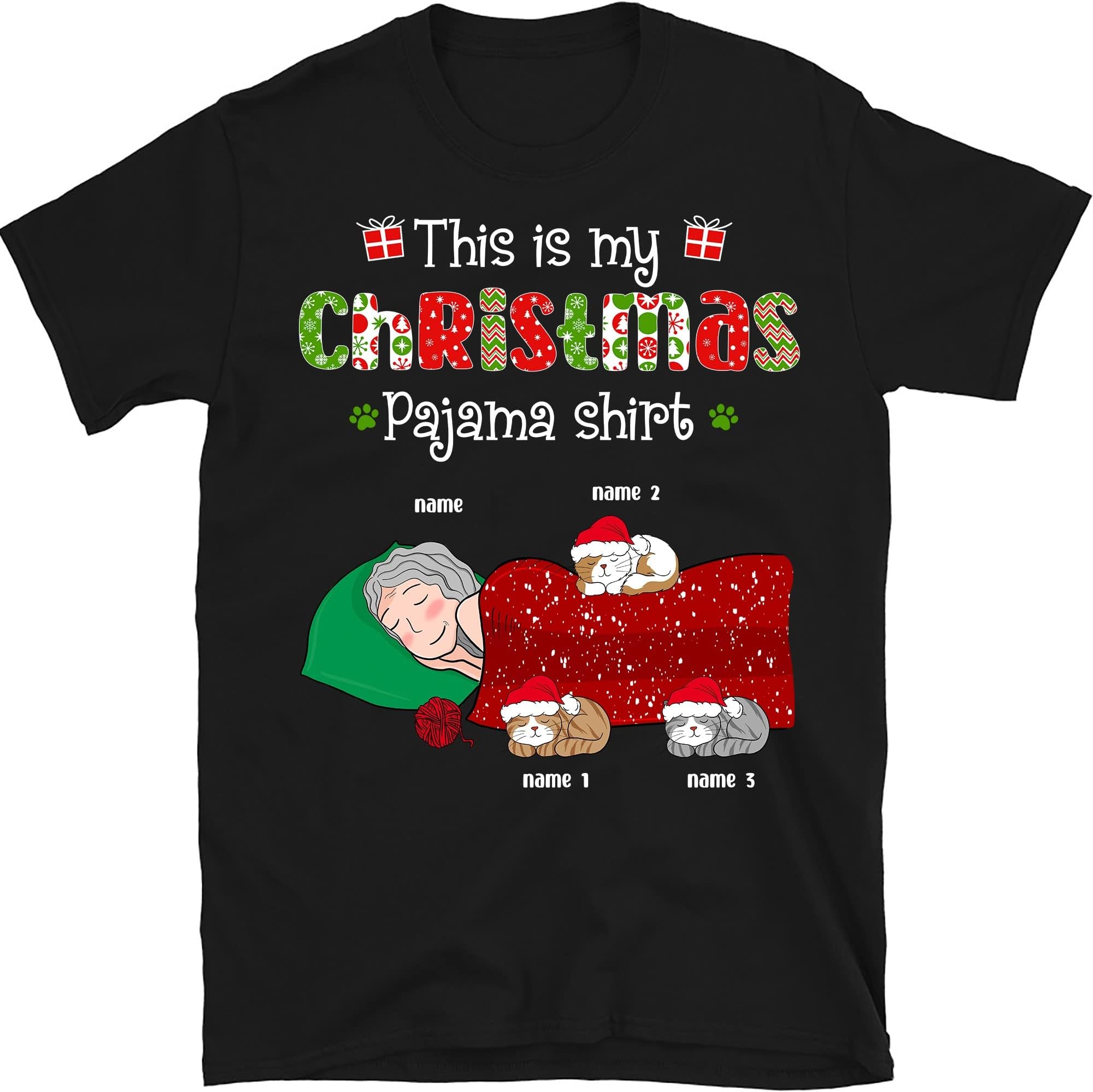 TEEDIYPersonalized Christmas Cat Sleepshirt, Shirt for Grandma Grandpa, Custom Funny Cat Lovers Shirt, This is My Christmas Pajama Shirt, Funny Christmas Pyjama Tee Multicolored
