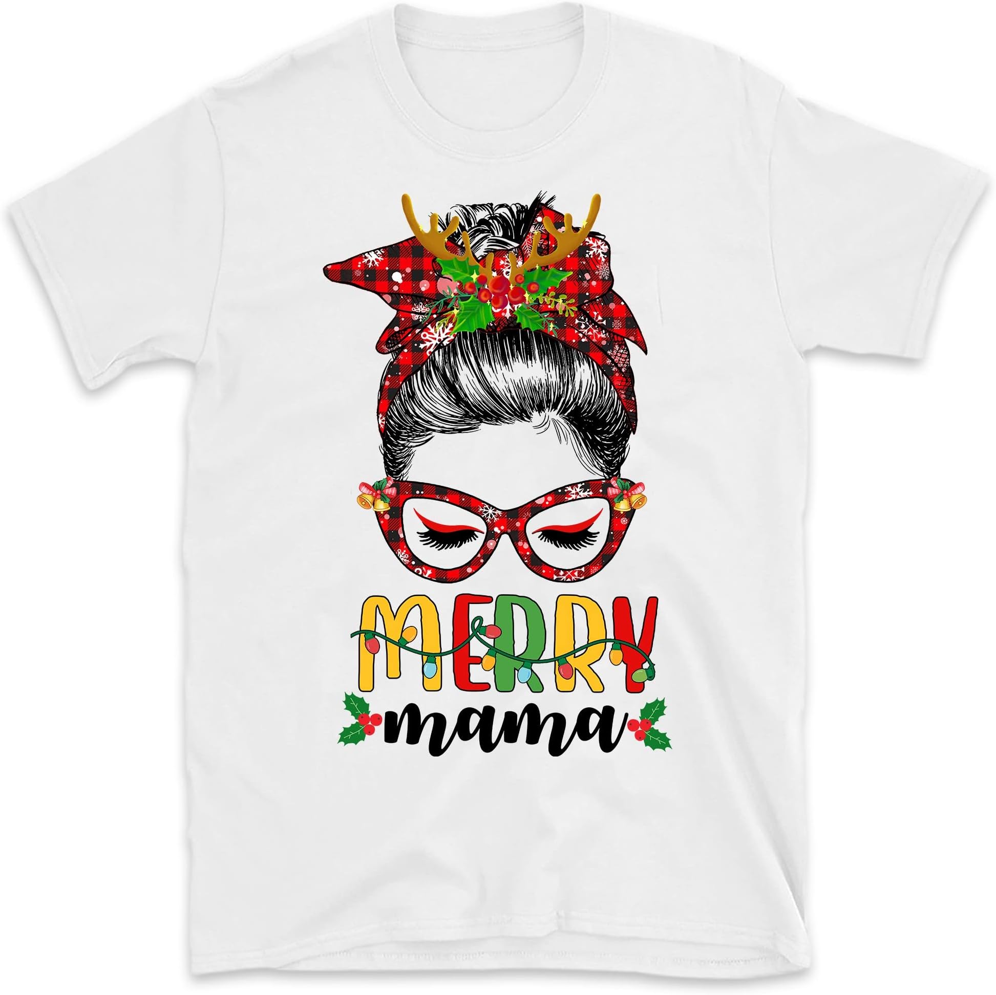 TEEDIYMerry Mama Messy Bun Hair Christmas T-Shirt, Mother Christmas T-Shirt, Matching Family Christmas Shirts - White Medium