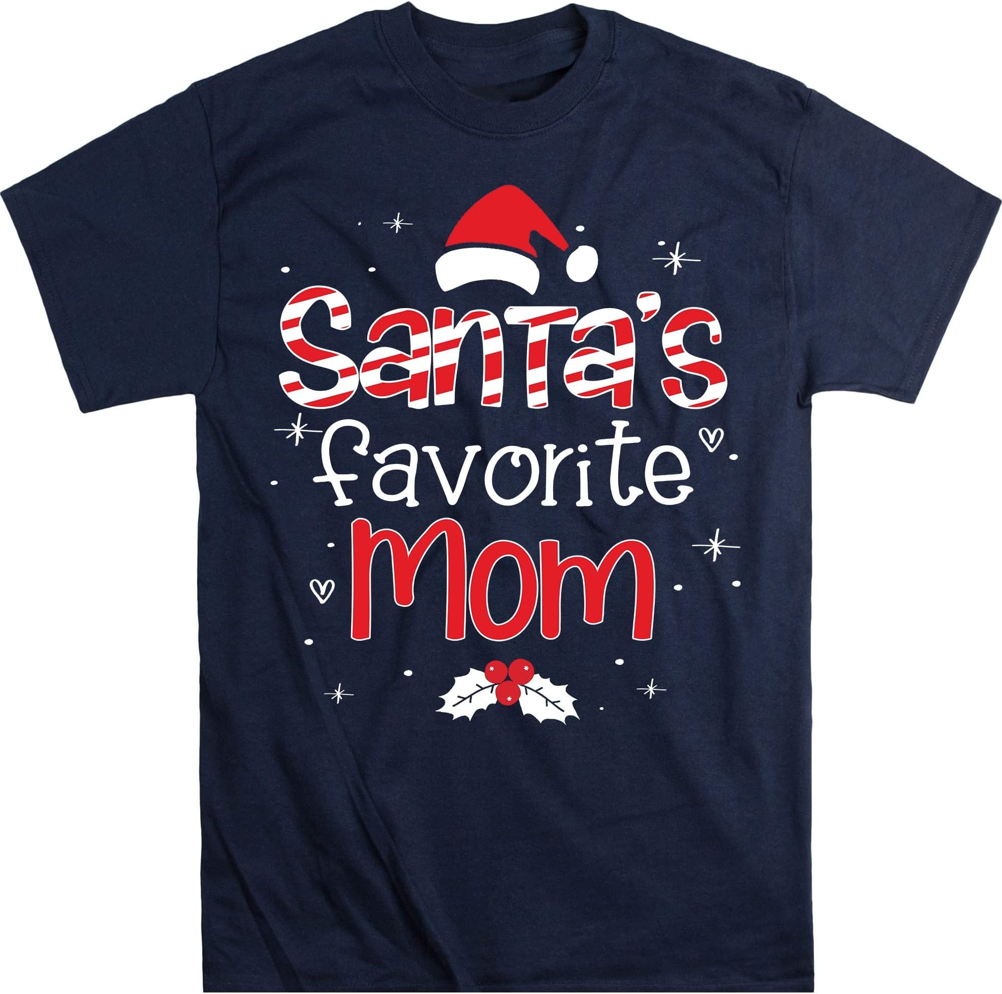 TEEDIYSantas Favorite Mom Christmas T Shirt Women Plaid Letters Print Mama Tops Cute Santa Hat Graphic Short Sleeve Tee - Navy XX-Large