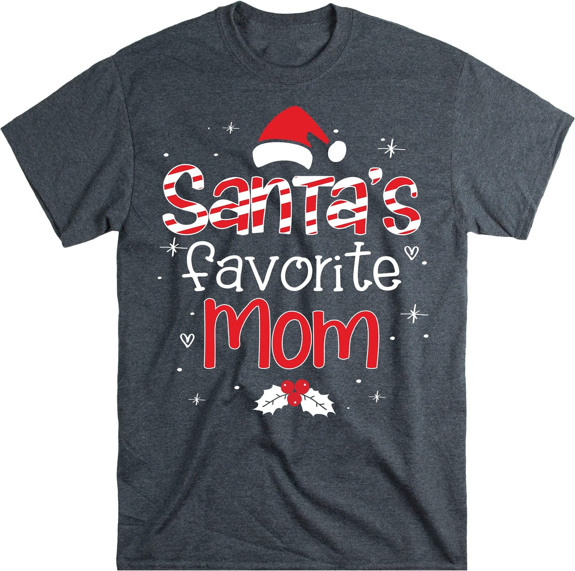 TEEDIYSantas Favorite Mom Christmas T Shirt Women Plaid Letters Print Mama Tops Cute Santa Hat Graphic Short Sleeve Tee - Dark Heather Small