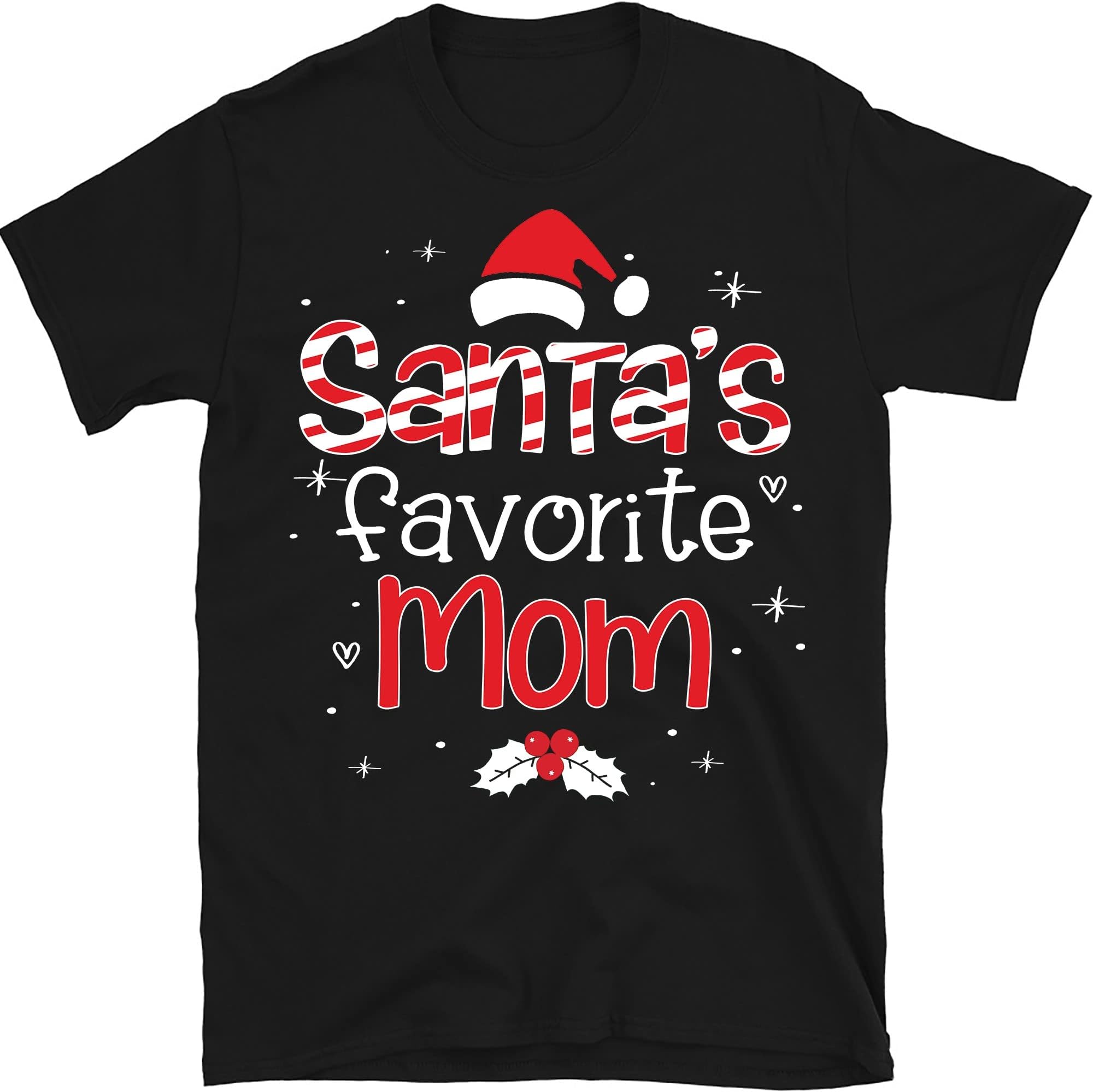 TEEDIYSantas Favorite Mom Christmas T Shirt Women Plaid Letters Print Mama Tops Cute Santa Hat Graphic Short Sleeve Tee - Black 3X-Large