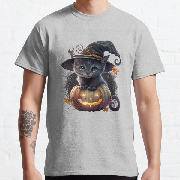 Halloween kitten cute witchy sitting on a spooky pumpkin  Classic T-Shirt