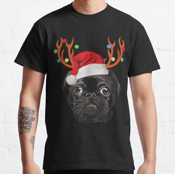 Black Pug Santa Christmas Reindeer Christmas Lights Pajama Classic T-Shirt