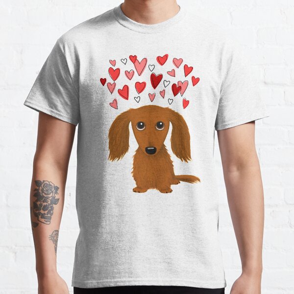 Cute Longhaired Red Dachshund Cartoon Dog with Hearts Classic T-Shirt