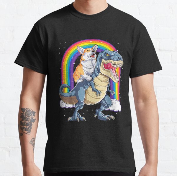 Corgi Riding Dinosaur Funny Space Galaxy Rainbow Classic T-Shirt