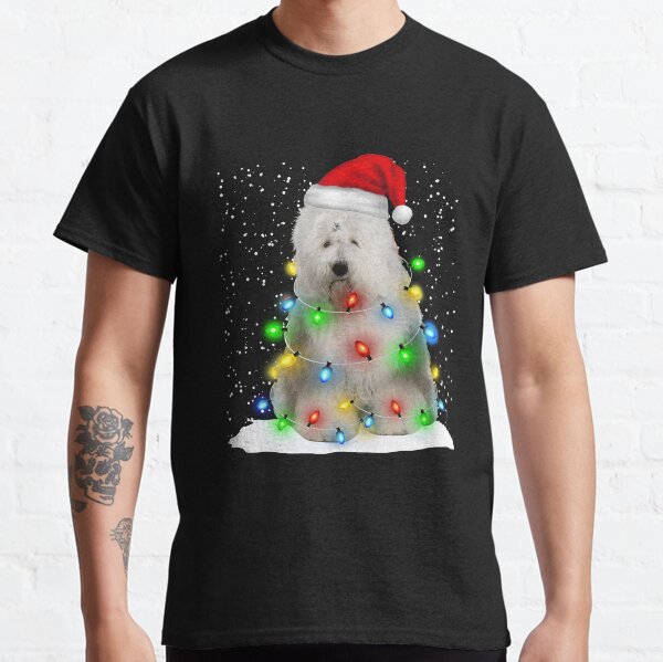 Old English Sheepdog Christmas Santa Hat Xmas Color Lights Classic T-Shirt