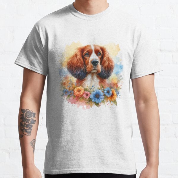 Colorful Cute Welsh Springer Spaniel in Flowers Watercolor Portrait Classic T-Shirt