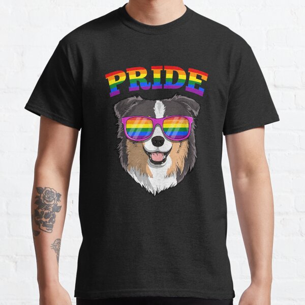 Gay Pride Australian Shepherd Dog with LGBT Rainbow Sunglasses Classic T-Shirt