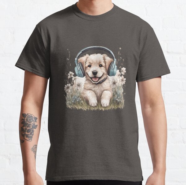 Adorable Puppy with Headphones and Flowers Classic T-Shirt
