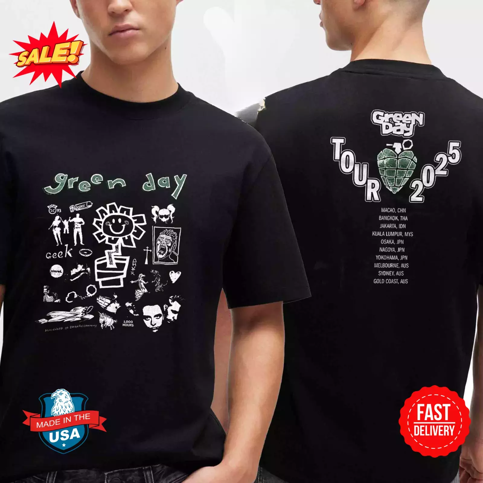 Green Day Asia And Australia 2025 Tour Dates Two Sided Shirt