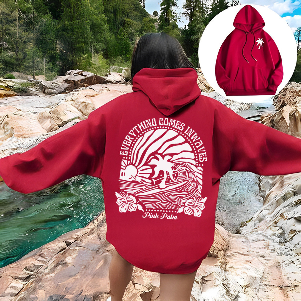 Pink Palm Puff Hoodie Ping Pong Puff Hooded Everything Comes In Waves