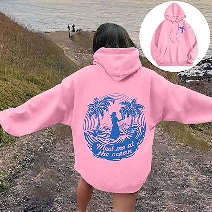 Pink Palm Puff Hoodie For Women Shirtn Girls Oversized Preppy 