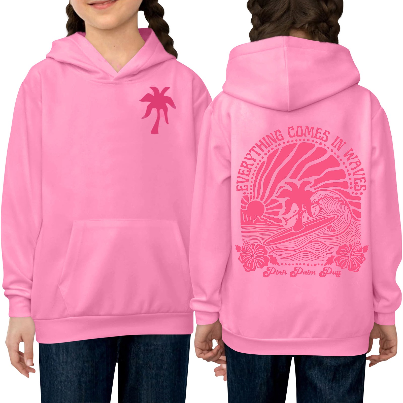 Pink Palm Puff Merch Hoodie  Cozy Women'S Pullover With Palm Print  Soft Cotton & Trendy Design For Casual & Everyday Wear 