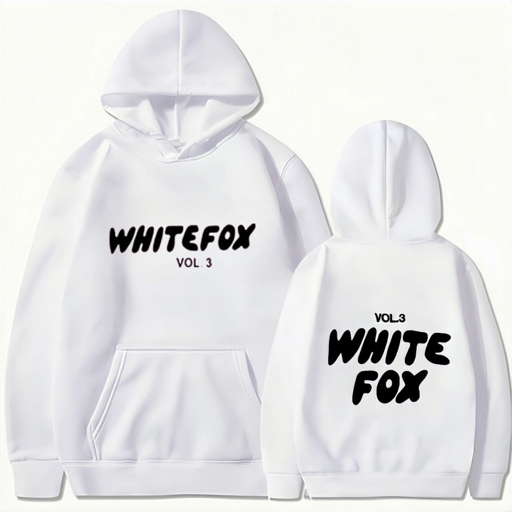 White Fox Hoodie Unisex Letter Printed Drop Shoulder Drawstring, White Fox Hoodie