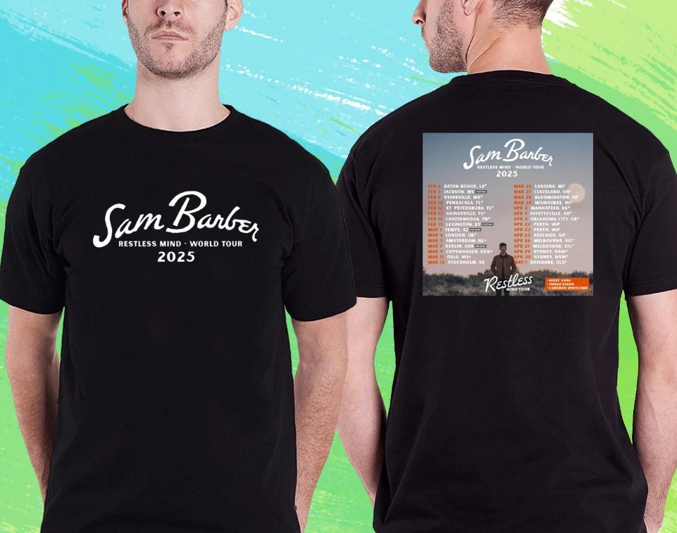 Sam Barber. Black Tshirt Unisex Sam Barber Restless Mind World Tour 2025.