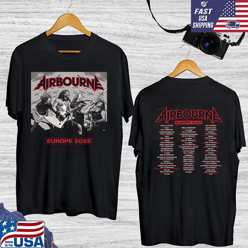 Airbourne Band Europe Tour Date Double Sided 2025 T Shirt Full Size