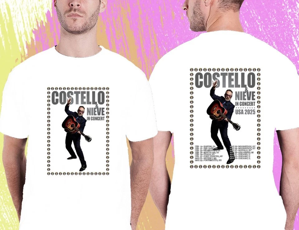 Elvis Costello Nieve In Concert Usa 2025. Elvis Costello. White Tshirt Unisex